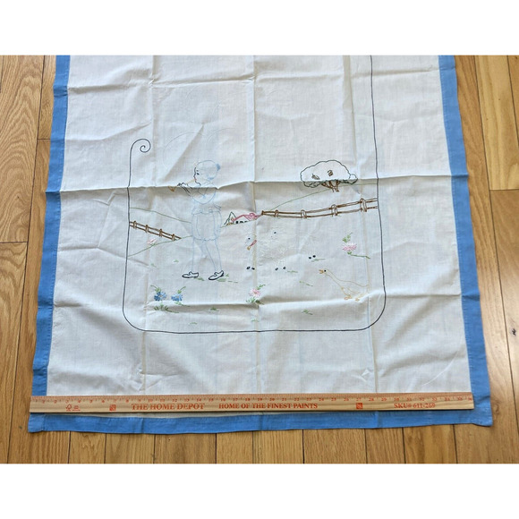 Vintage Embroidered Small Tablecloth Linen Little Boy Blue Blowing Horn Lambs - Picture 6 of 12